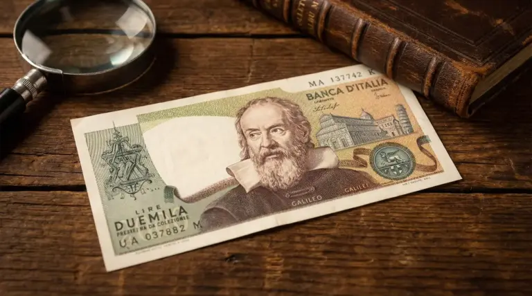 Banconota italiana da 2.000 lire con il ritratto di Galileo Galilei su un tavolo in legno