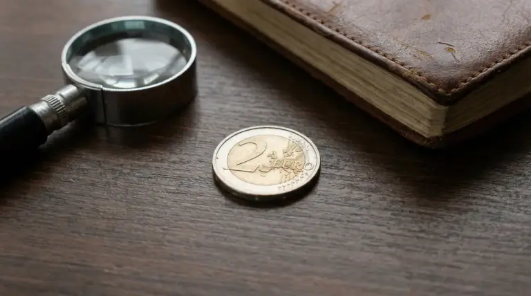 Moneta da 2 euro su tavolo in legno con lente d'ingrandimento e libro antico
