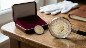 Moneta da 2 euro del 2007 con il ritratto di Grace Kelly, vista con lente d'ingrandimento su un tavolo