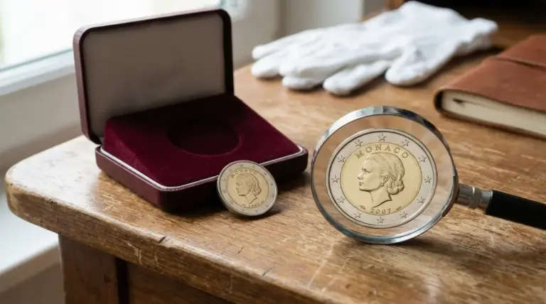 Moneta da 2 euro del 2007 con il ritratto di Grace Kelly, vista con lente d'ingrandimento su un tavolo