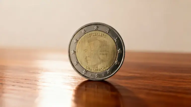 Moneta da 2 euro del Lussemburgo del 2009 in primo piano su una superficie in legno