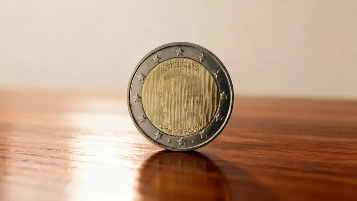 Moneta da 2 euro del Lussemburgo del 2009 in primo piano su una superficie in legno