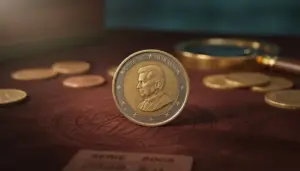 Moneta da 2 euro Vaticano 2005 posta in verticale su un tavolo tra altre monete e una lente d'ingrandimento