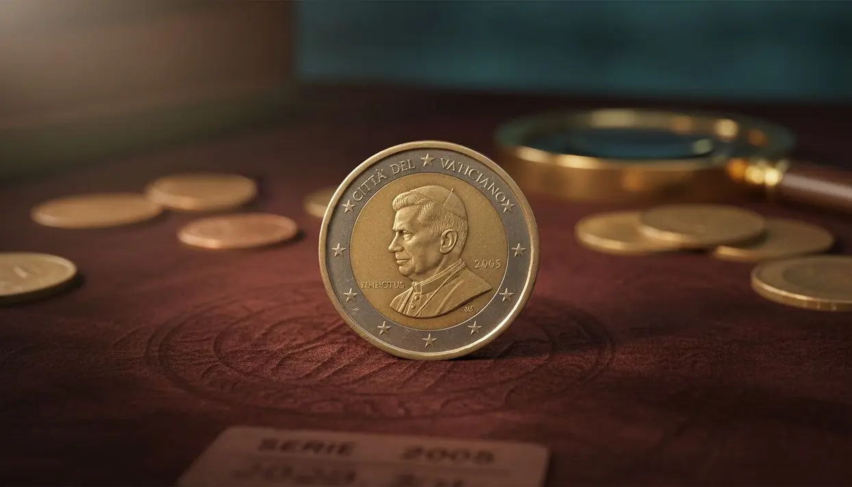 Moneta da 2 euro Vaticano 2005 posta in verticale su un tavolo tra altre monete e una lente d'ingrandimento