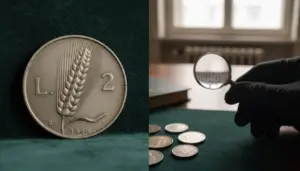 Moneta da 2 lire del 1946 e persona che analizza monete con lente d'ingrandimento