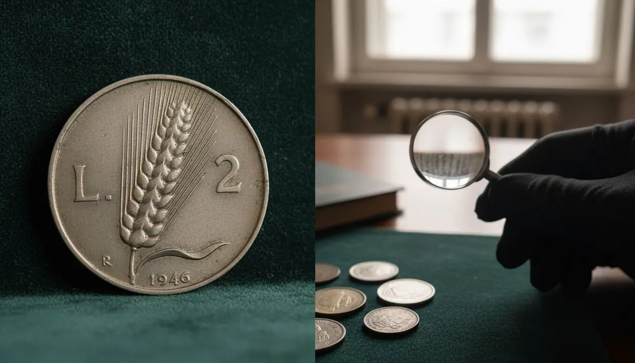 Moneta da 2 lire del 1946 e persona che analizza monete con lente d'ingrandimento
