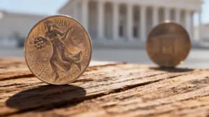 Moneta da 200 lire italiana del 1978 poggiata su una superficie di legno