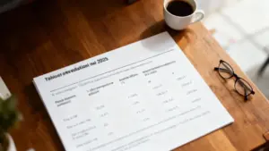 Foglio con tabella di rivalutazione pensionistica su scrivania accanto a una tazza di caffè e occhiali