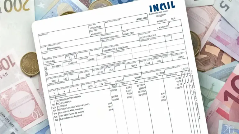 Busta paga italiana appoggiata su banconote e monete in euro