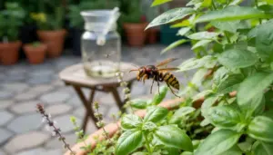 Calabrone in volo vicino a piante aromatiche in un giardino.