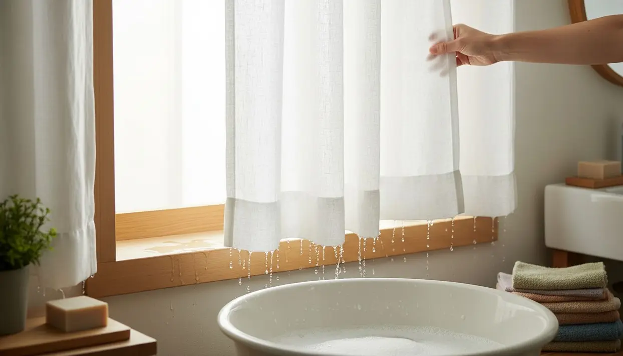 Tende bianche bagnate che sgocciolano sopra una bacinella di acqua saponata