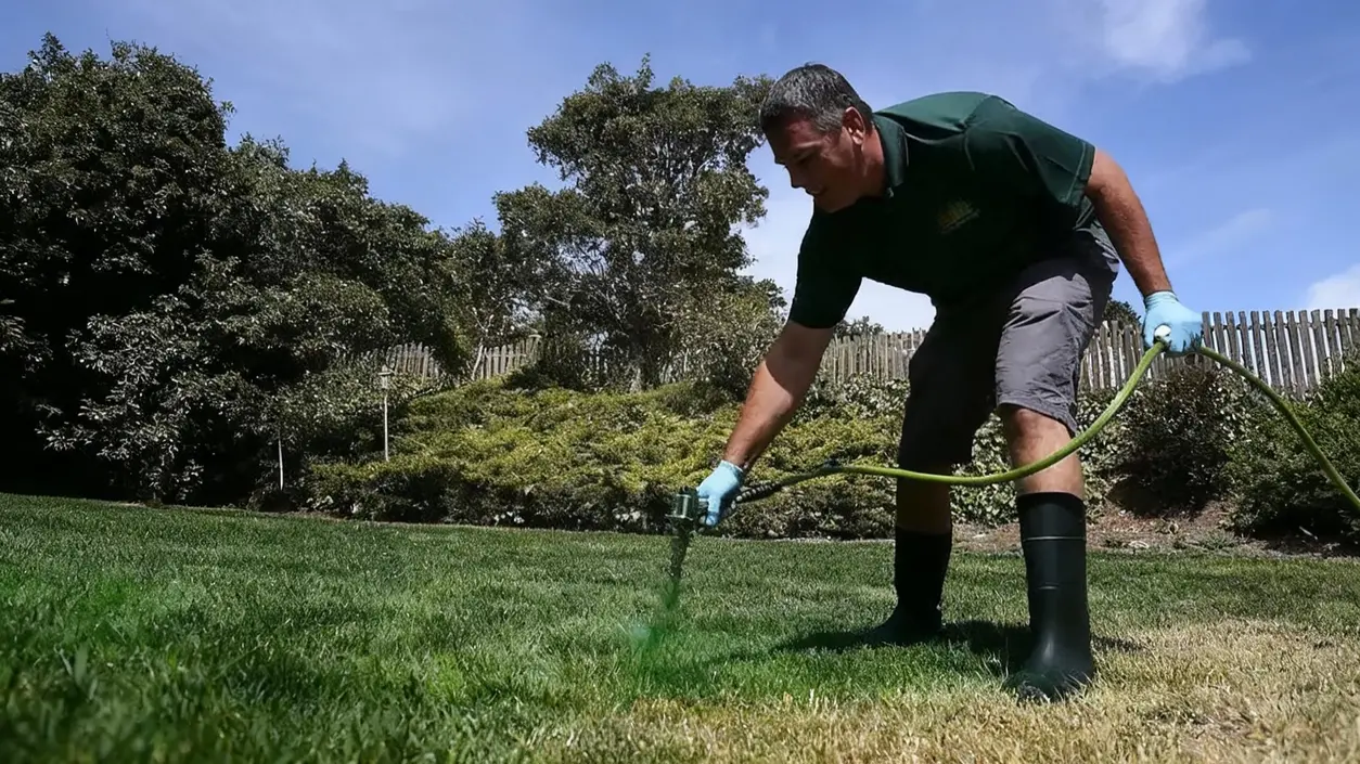 Persona che spruzza prodotto sul prato ingiallito per favorire la crescita dell'erba