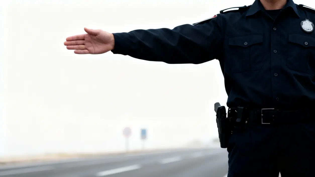 Agente in uniforme ferma il traffico su una strada deserta