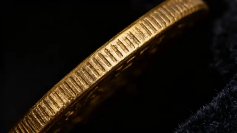 Dettaglio del bordo di una moneta antica in oro su sfondo scuro