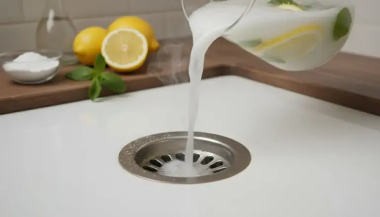 Rimedio naturale versato nello scarico del lavandino con limone e bicarbonato