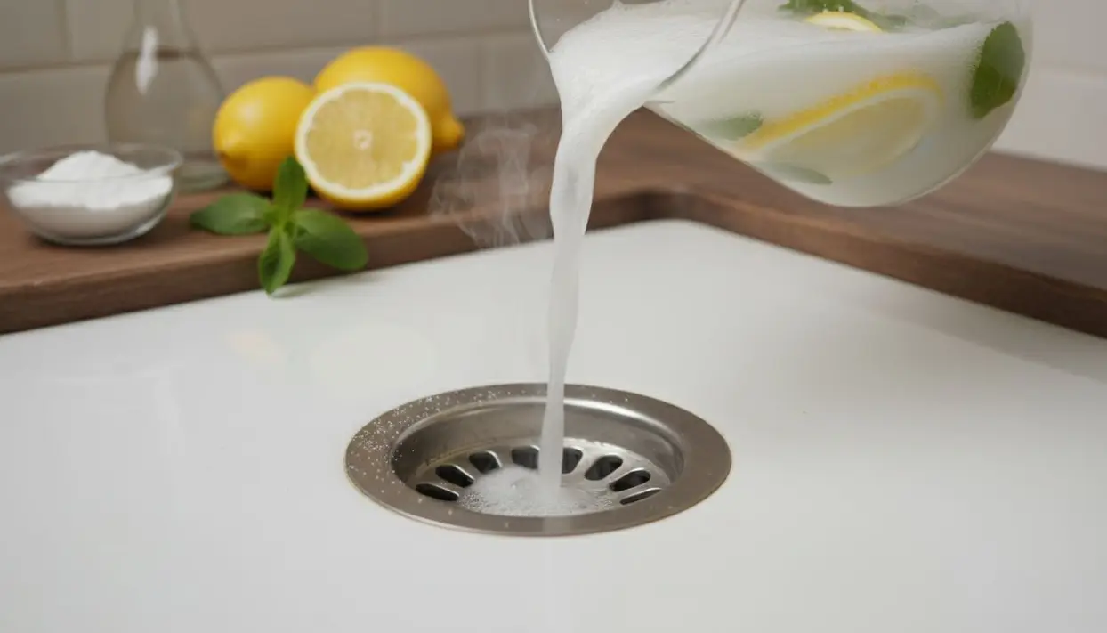 Rimedio naturale versato nello scarico del lavandino con limone e bicarbonato