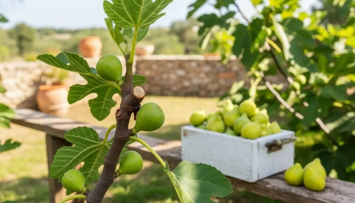 Ramo di fico potato con frutti verdi e una cassetta di fichi raccolti sullo sfondo