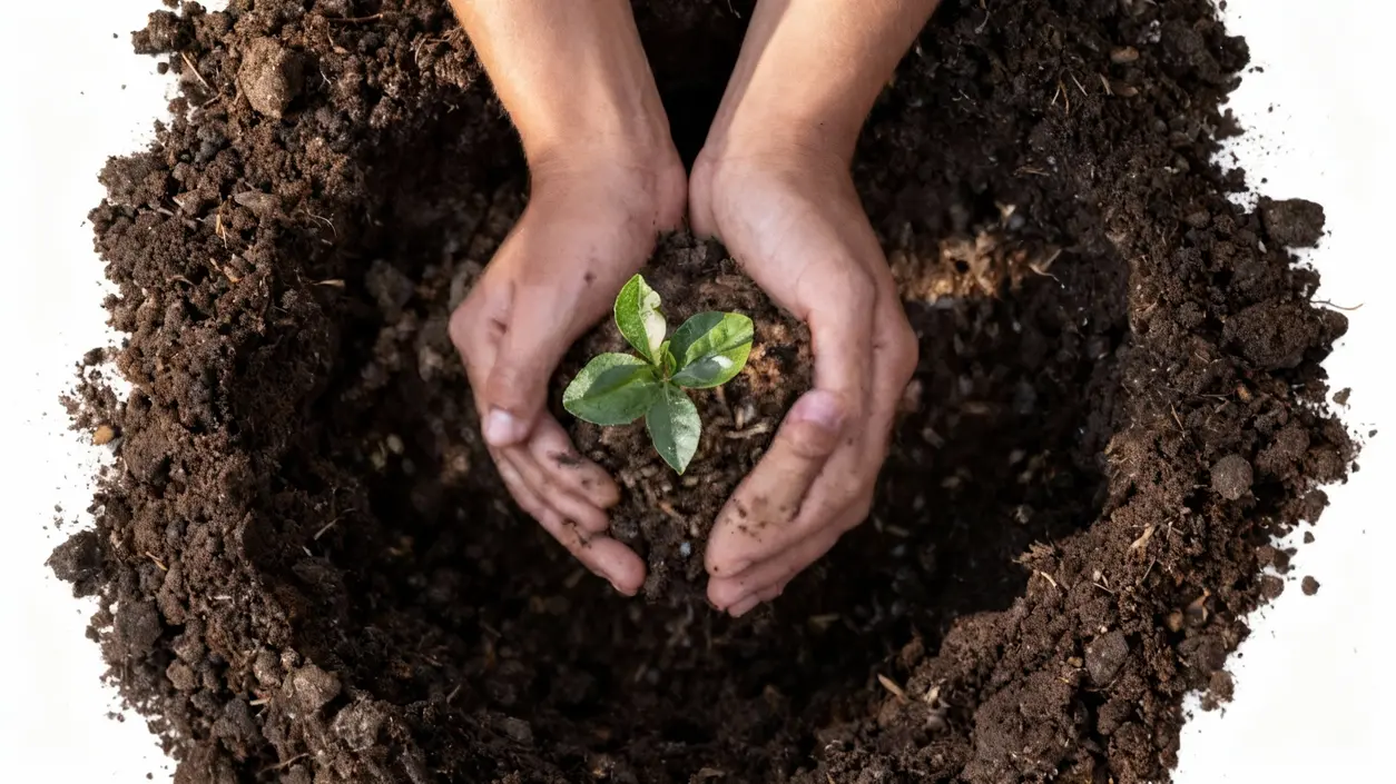 Mani che tengono una piccola pianta con terra fertile