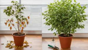 Ficus in vaso con foglie cadute a sinistra e pianta rigogliosa a destra su sfondo interno