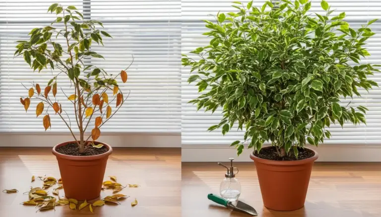 Ficus in vaso con foglie cadute a sinistra e pianta rigogliosa a destra su sfondo interno