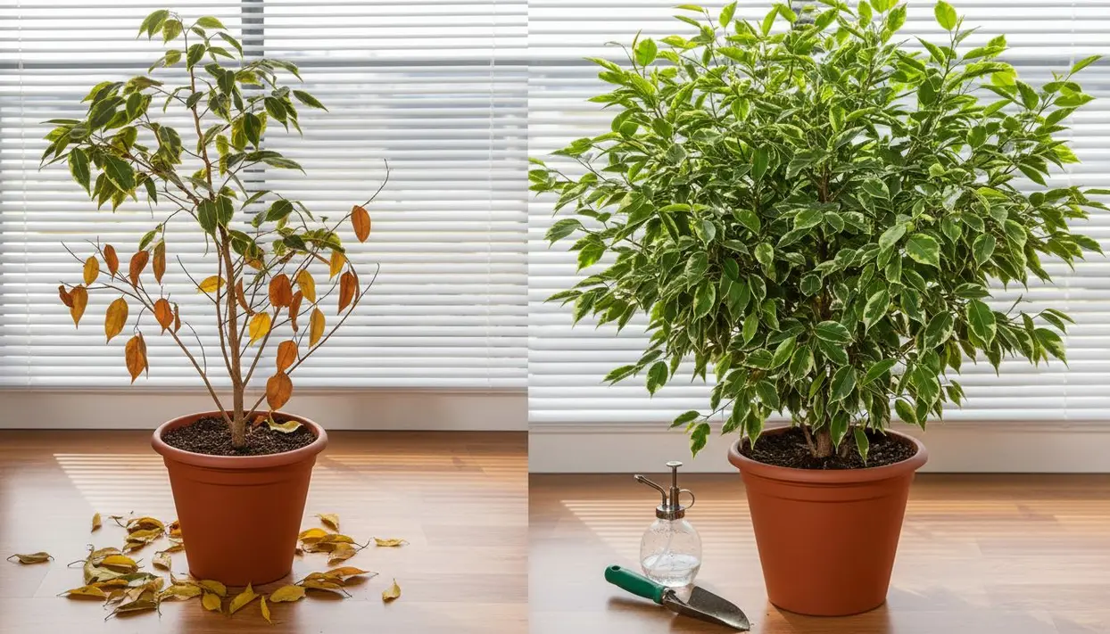 Ficus in vaso con foglie cadute a sinistra e pianta rigogliosa a destra su sfondo interno