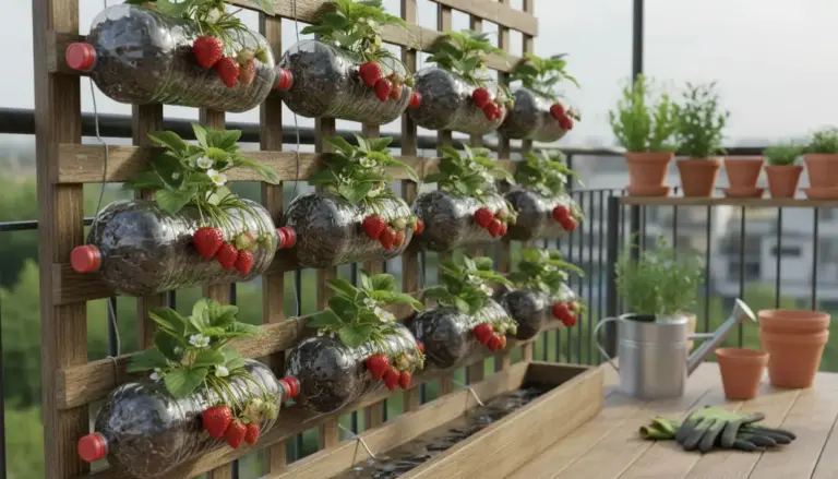 Coltivazione di fragole in bottiglie di plastica riciclate su una struttura verticale in legno su un balcone.