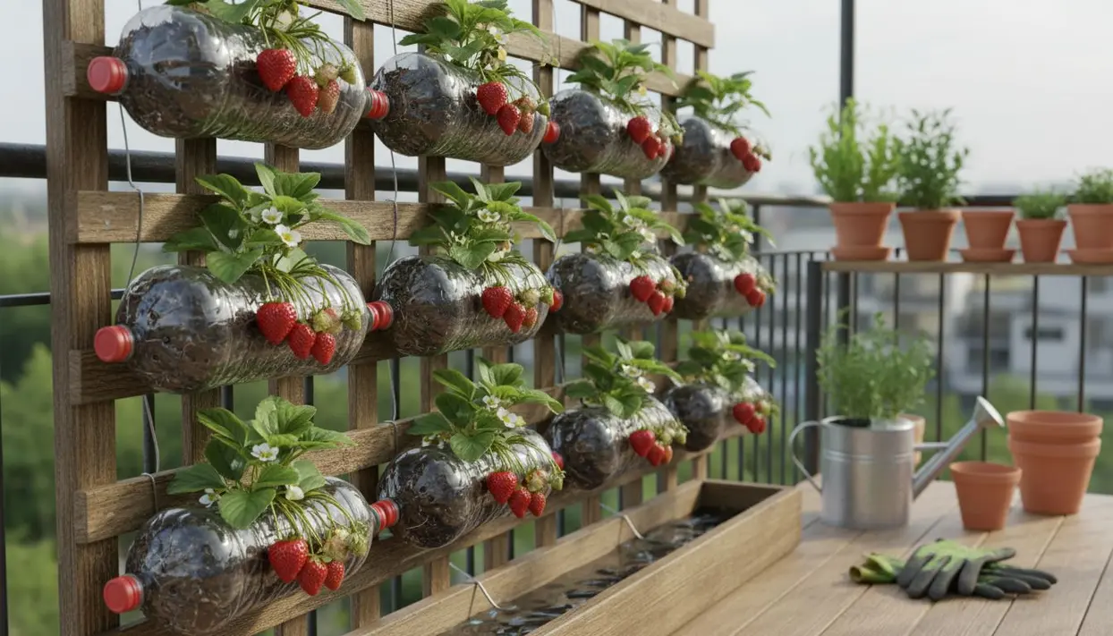 Coltivazione di fragole in bottiglie di plastica riciclate su una struttura verticale in legno su un balcone.