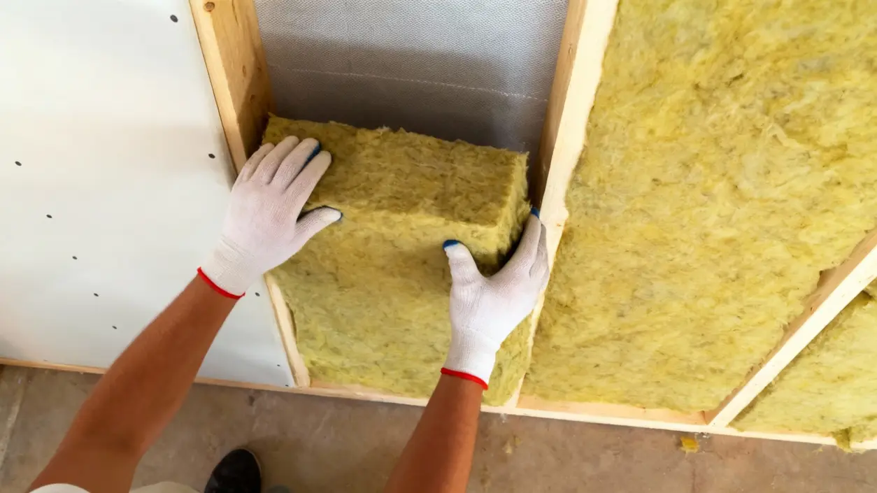 Persona installa pannello isolante in lana minerale tra le pareti interne di una casa