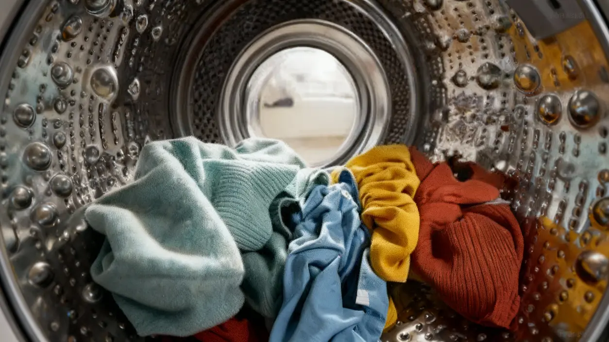 Vestiti delicati all'interno di un cestello di lavatrice visti dall'interno