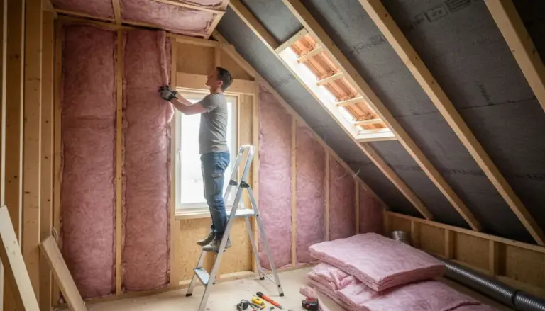 Persona installa pannelli isolanti in mansarda durante lavori di isolamento termico fai da te