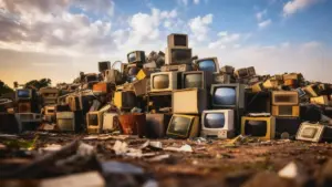 Montagna di vecchi elettrodomestici e televisori abbandonati all'aperto sotto un cielo nuvoloso