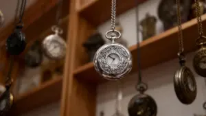 Orologi da tasca vintage appesi con catenelle in una stanza con scaffali in legno