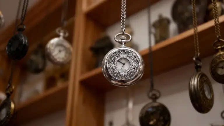 Orologi da tasca vintage appesi con catenelle in una stanza con scaffali in legno