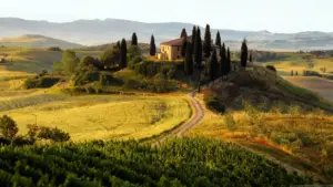 Casale in pietra circondato da cipressi e campi nella campagna toscana al tramonto