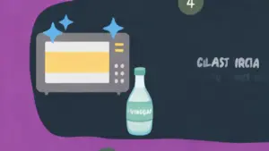 Illustrazione di un forno a microonde pulito accanto a una bottiglia di aceto