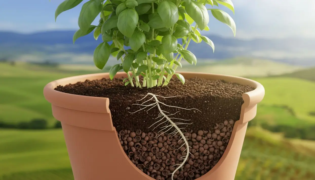 Vaso di terracotta con pianta verde e sezione che mostra radici e fondo con argilla espansa