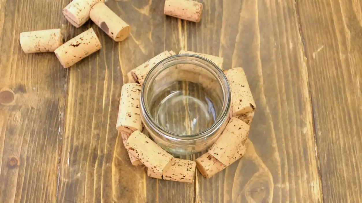 Barattolo di vetro circondato da tappi di sughero su un tavolo in legno