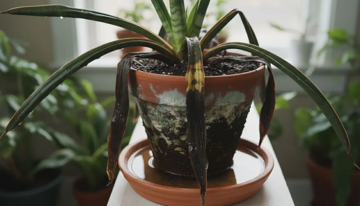 Pianta di sansevieria in vaso con foglie marce e muffa sul terriccio