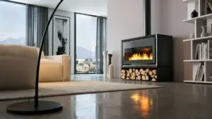 Soggiorno moderno con stufa a legna accesa e legna impilata nella base