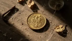 Vecchia sterlina d’oro su un tavolo impolverato con ragnatele e oggetti arrugginiti