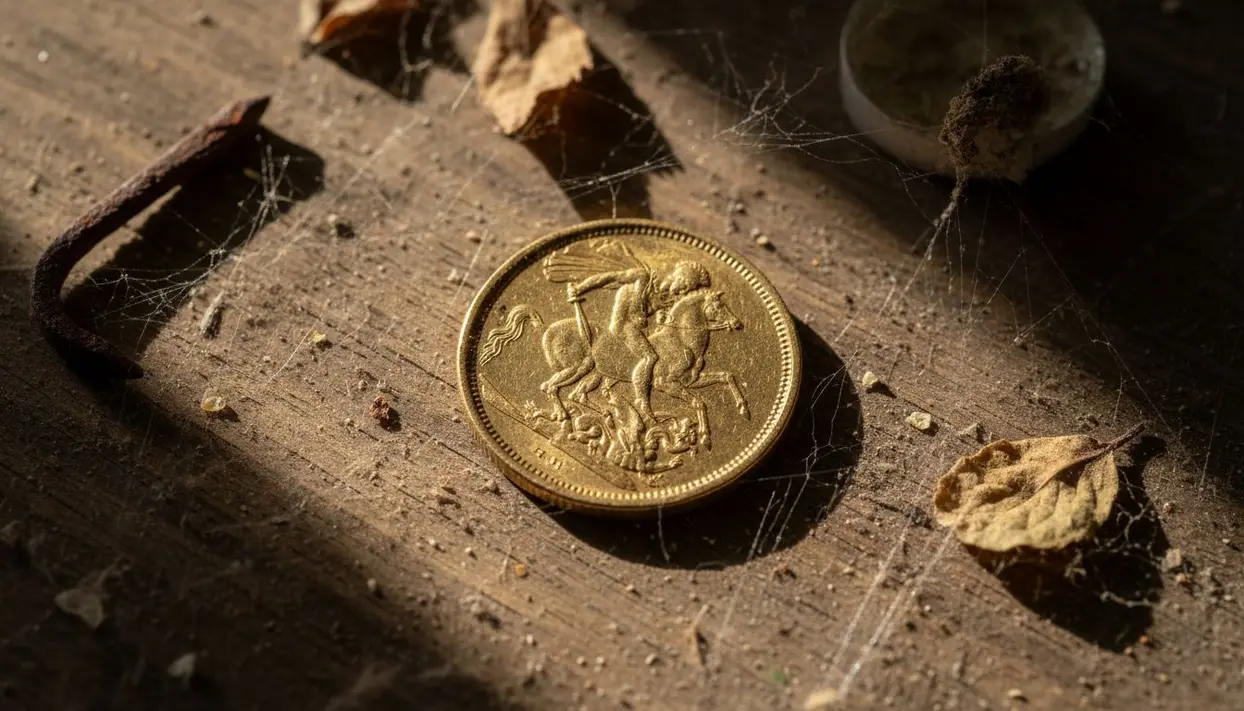 Vecchia sterlina d’oro su un tavolo impolverato con ragnatele e oggetti arrugginiti