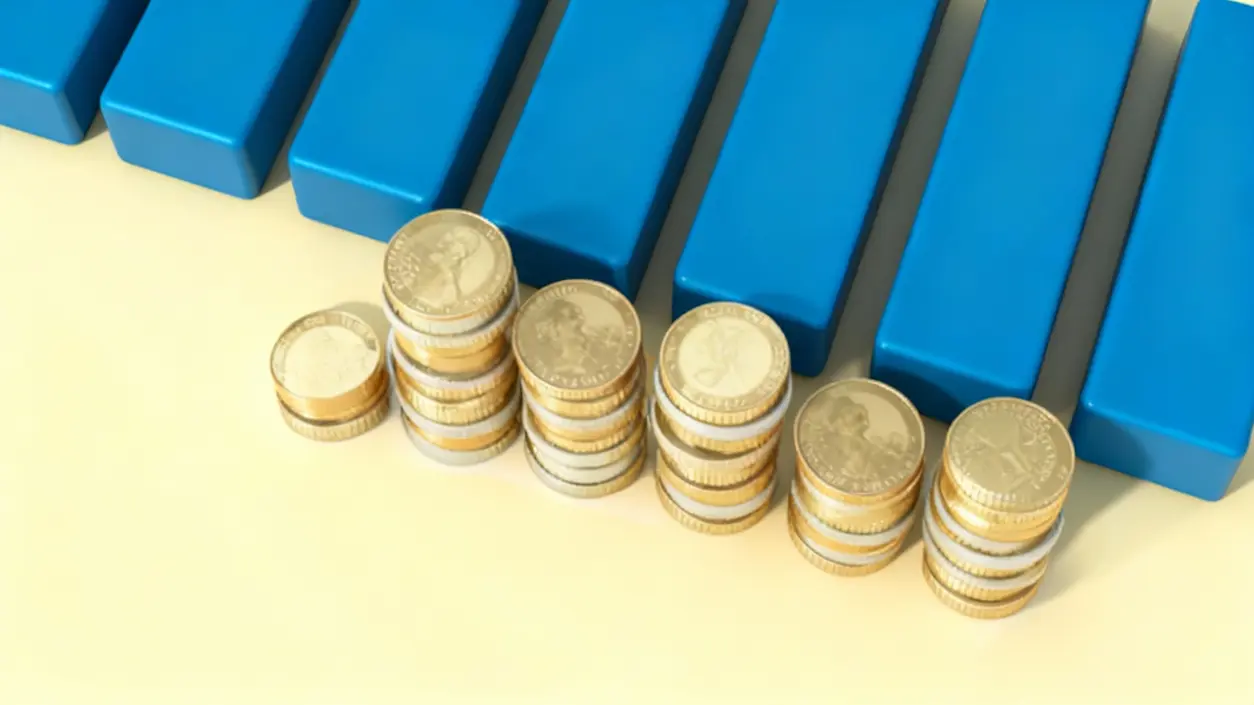 Pile di monete ordinate davanti a barre blu che rappresentano un grafico