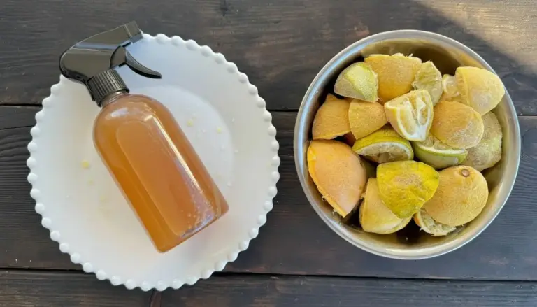 Bucce di limone in una ciotola accanto a uno spray fatto in casa su un piatto bianco