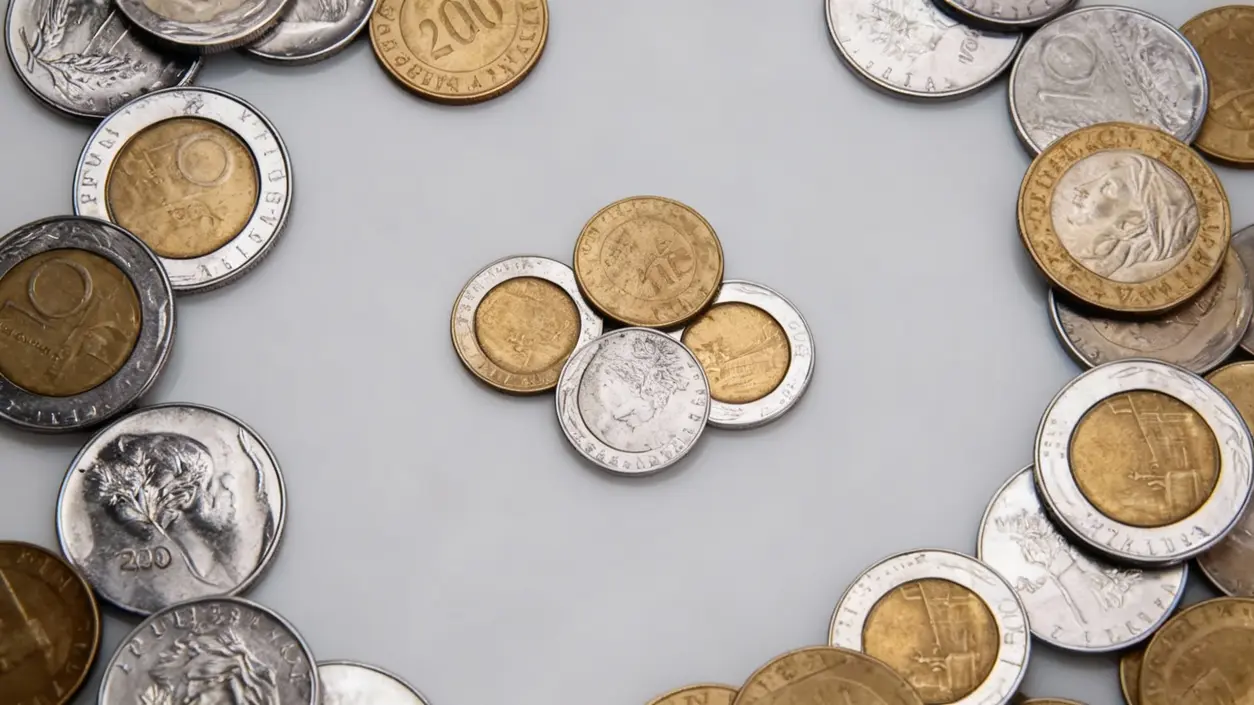 Vecchie monete italiane disposte su una superficie chiara