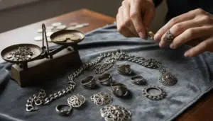 Vecchi gioielli d’argento su un panno con bilancia antica e mani che valutano monete