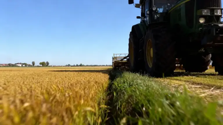 Trattore in un campo agricolo durante la raccolta su terreno coltivato