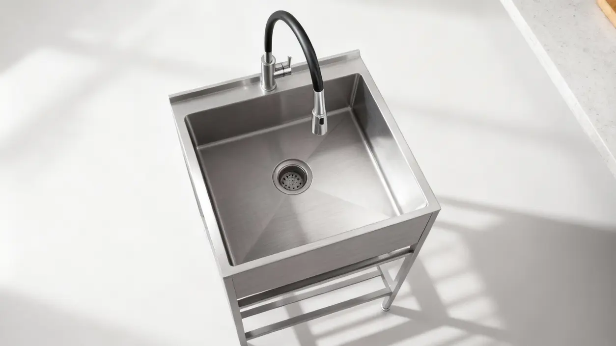 Vasca lavatoio in acciaio inox con rubinetto moderno in una lavanderia luminosa