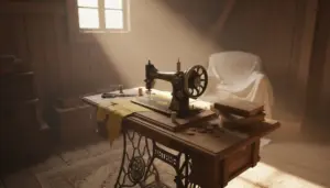 Vecchia macchina da cucire in una soffitta polverosa, illuminata dalla luce di una finestra