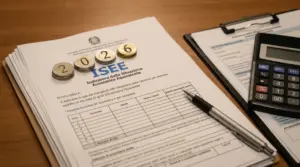 Documenti ISEE 2026 su una scrivania con penna, calcolatrice e monete da due euro