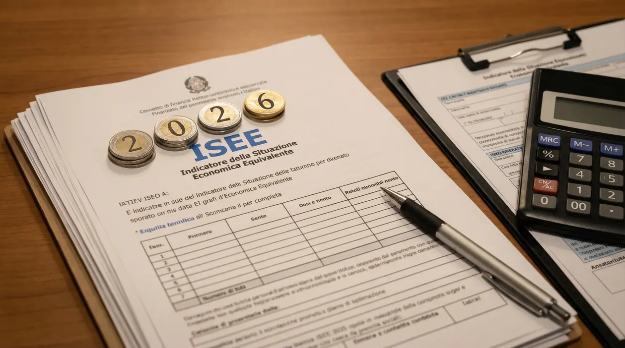 Documenti ISEE 2026 su una scrivania con penna, calcolatrice e monete da due euro